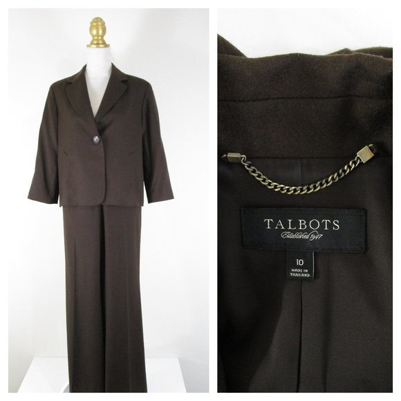 SOLDTalbots Solid Dark Brown Wool Pant Suit 10 Formal Career - Picture 1 of 11